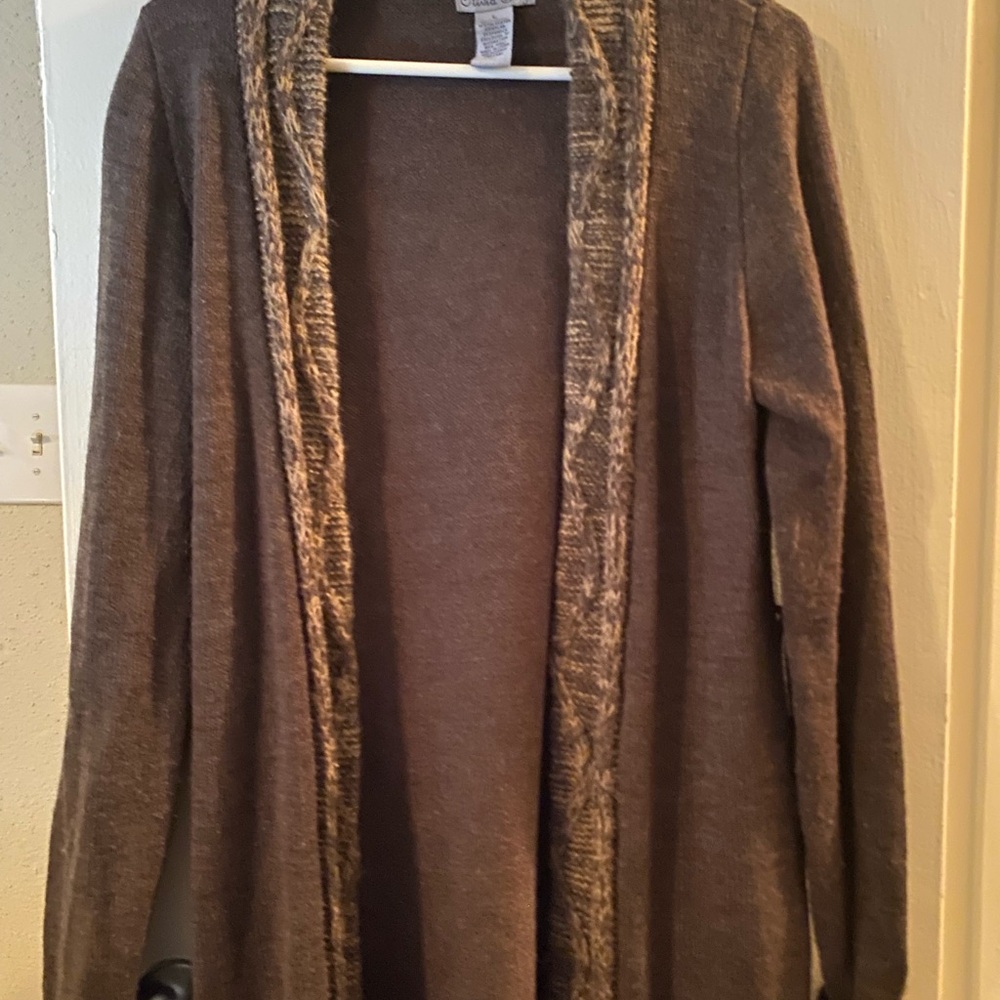 Open-Front Brown Knit Cardigan with Textured Trim
